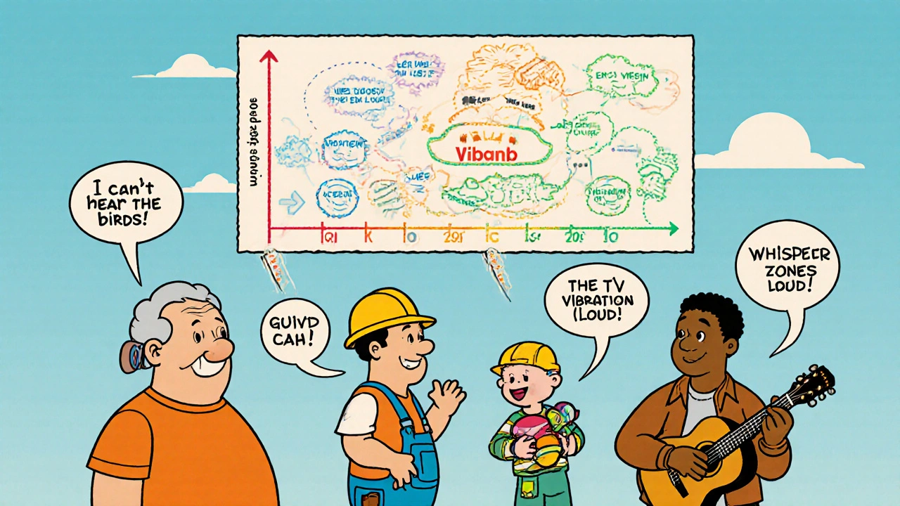 A group of people with hearing concerns, surrounded by a giant audiogram map labeled with fun decibel zones like &#039;Whisper Zone&#039;.