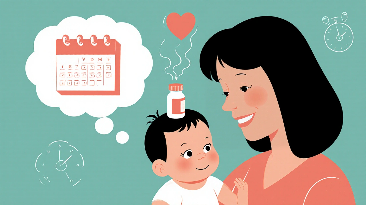 A mother taking medication while holding her baby, with a thought bubble showing medicine dissolving into a heart.