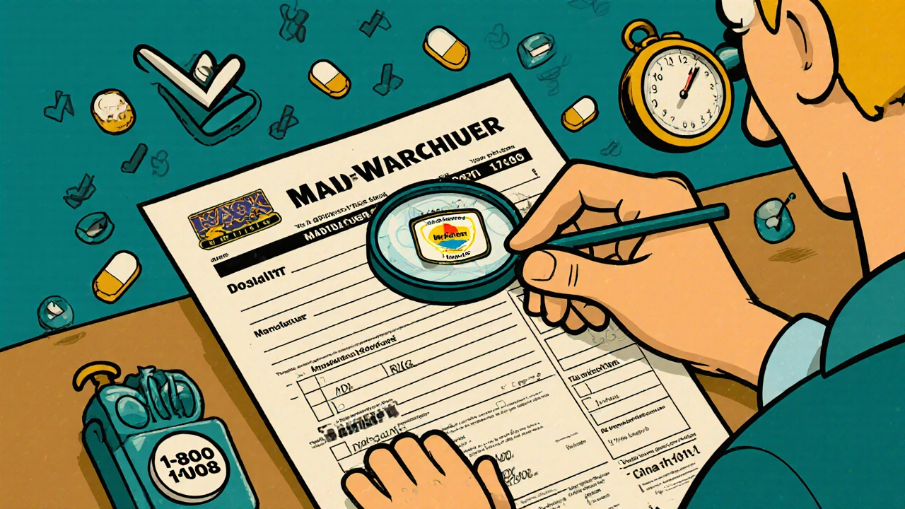 A person filling out an FDA form with a magnifying glass over the manufacturer label.
