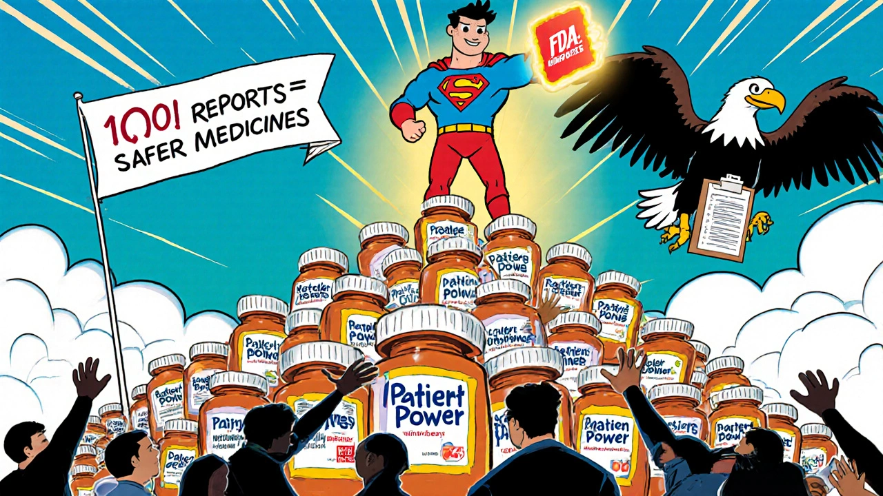 A superhero patient standing on pill bottles, handing reports to an FDA eagle.