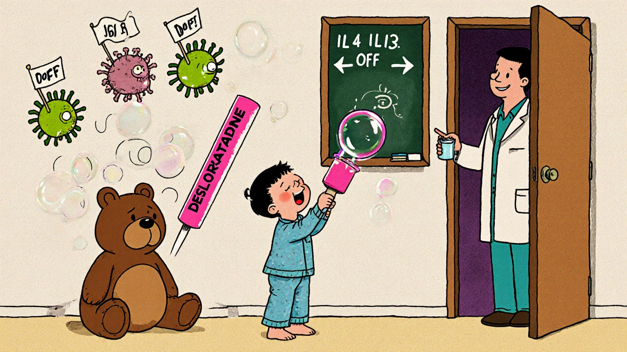 A toddler blowing a bubble with desloratadine while a stuffed bear relaxes, with cartoon immune cells surrendering.