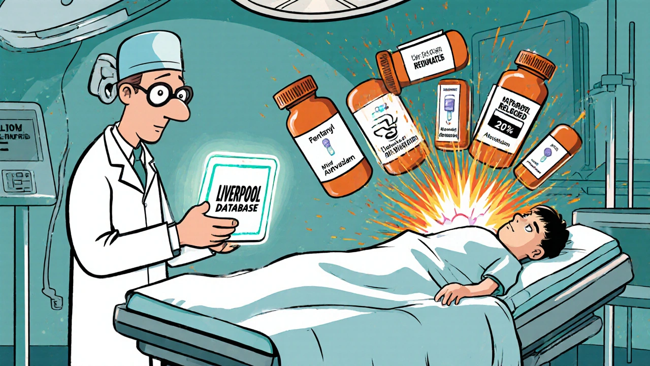 Anesthesiologist checking a drug interaction tablet while floating medications shrink or explode around a patient.