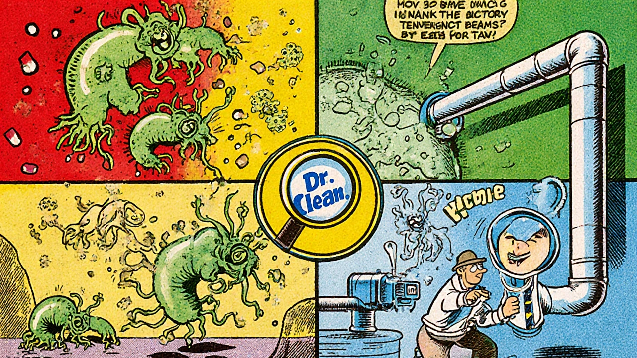 Color-coded factory zones with sneaky microbes crawling from floors toward production, illustrated in 1960s cartoon style