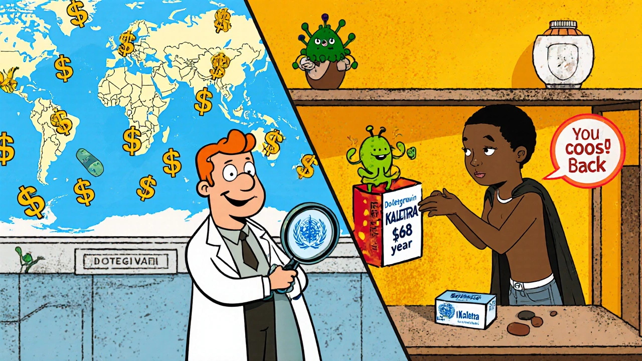 Contrasting clinics: modern U.S. hospital vs. hot African clinic with Kaletra box, WHO doctor studying CYP3A4 enzyme.