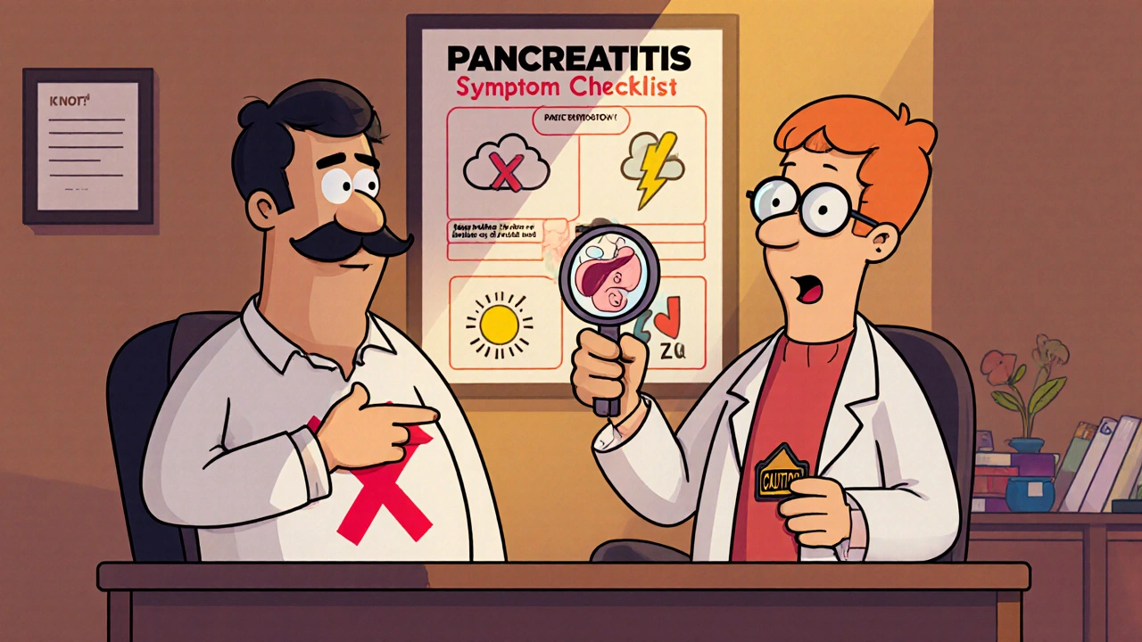 Doctor and patient in office, patient pointing to abdominal pain, doctor examining a caution-sign pancreas with magnifying glass.