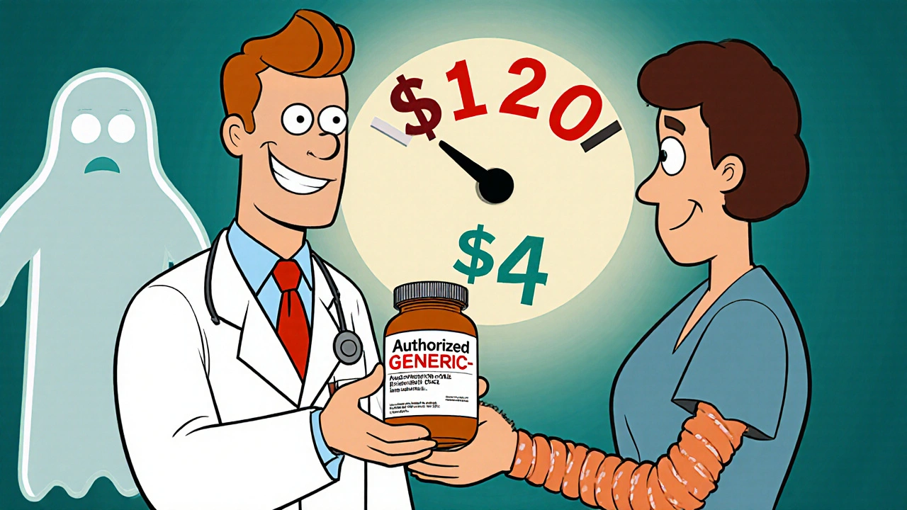 Doctor gives patient an authorized generic pill identical to the brand, with a savings meter showing dramatic cost drop.