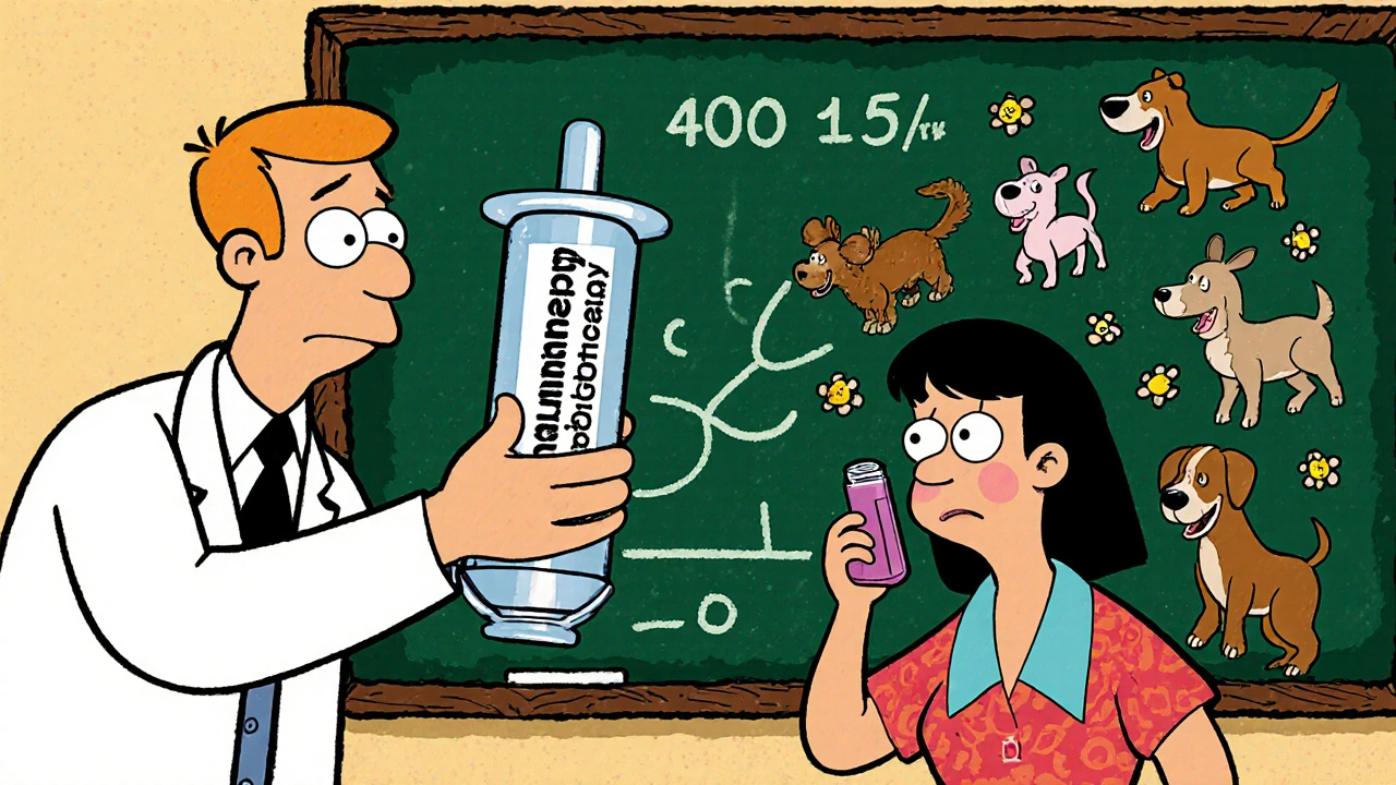 Doctor giving allergy shots with pollen particles turning into friendly animals, IgE levels dropping on chalkboard.