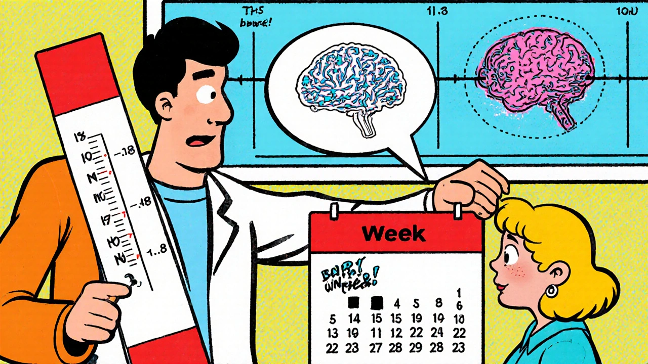 Doctor shows high TSH test result to worried pregnant woman, with a timeline of brain development missing key connections.