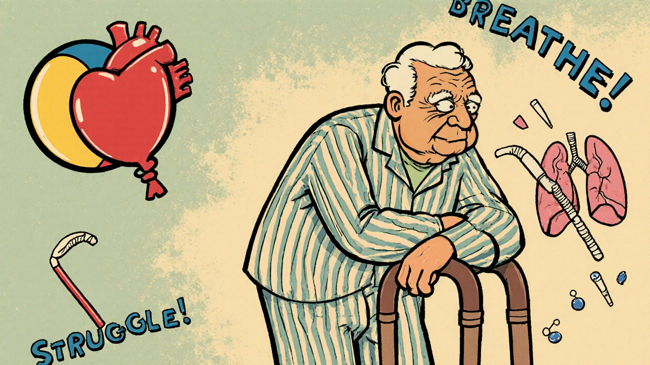Elderly man with floating symbols of lung scarring and heart strain in cartoon style