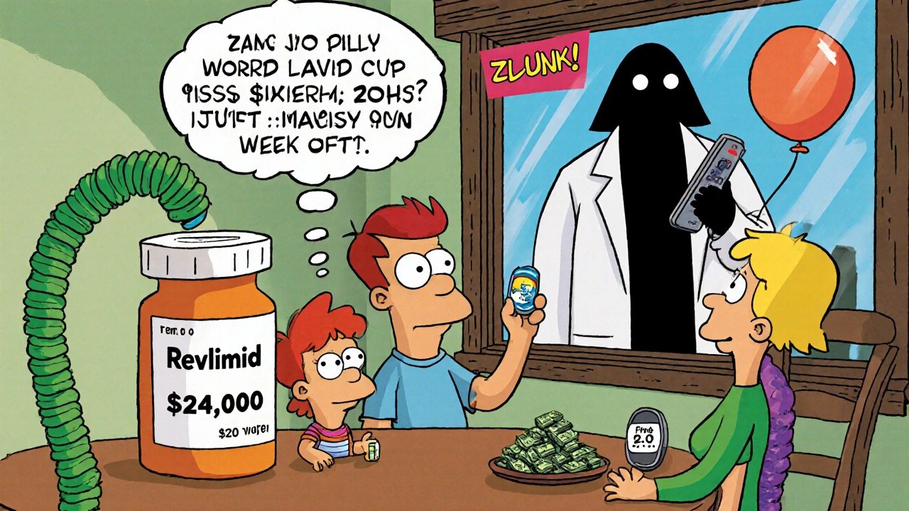 Family stares at expensive prescription as savings float away, shadowy figure watches.