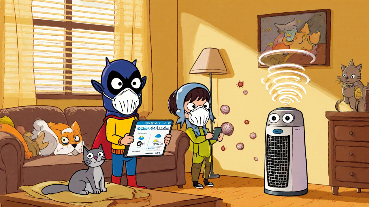 Family wearing N95 masks indoors during high pollen day, robotic air purifier cleaning allergens from air.
