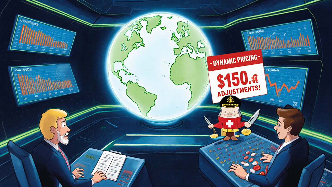 Futuristic EU control room with dynamic price graphs and Switzerland balancing international and domestic drug prices.