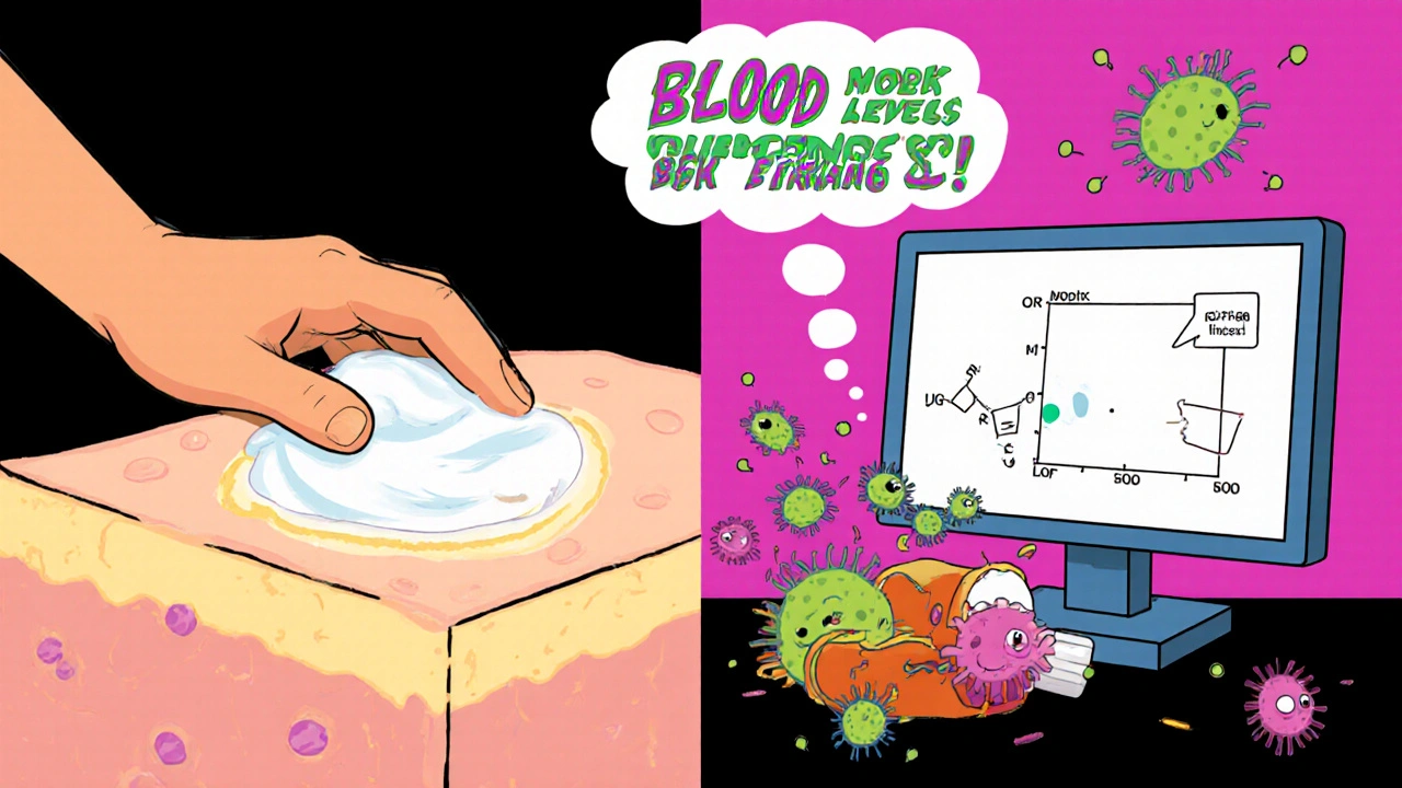 Generic cream only glowing on skin surface vs branded cream penetrating deep, with PBPK model above.