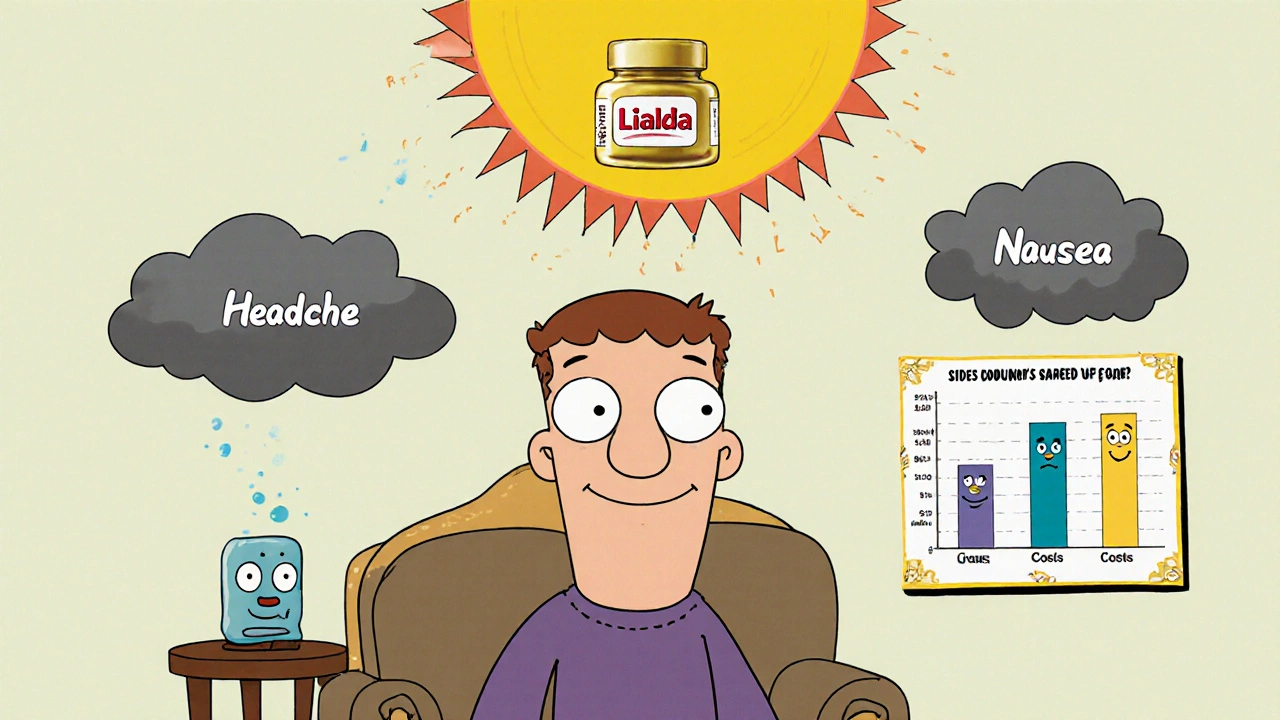 Happy patient on a couch throne as a golden mesalamine capsule glows above them, dispelling illness clouds.