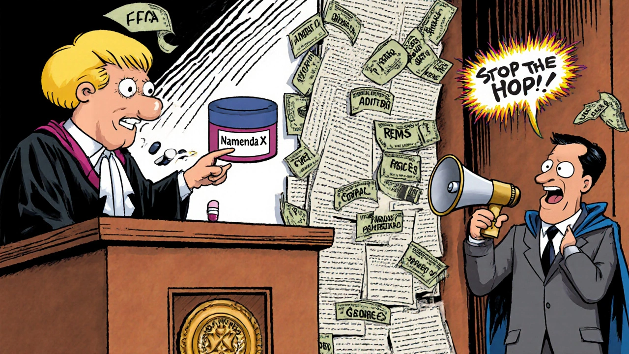 Judge confronts giant branded pill blocked by legal barriers in a cartoon courtroom.