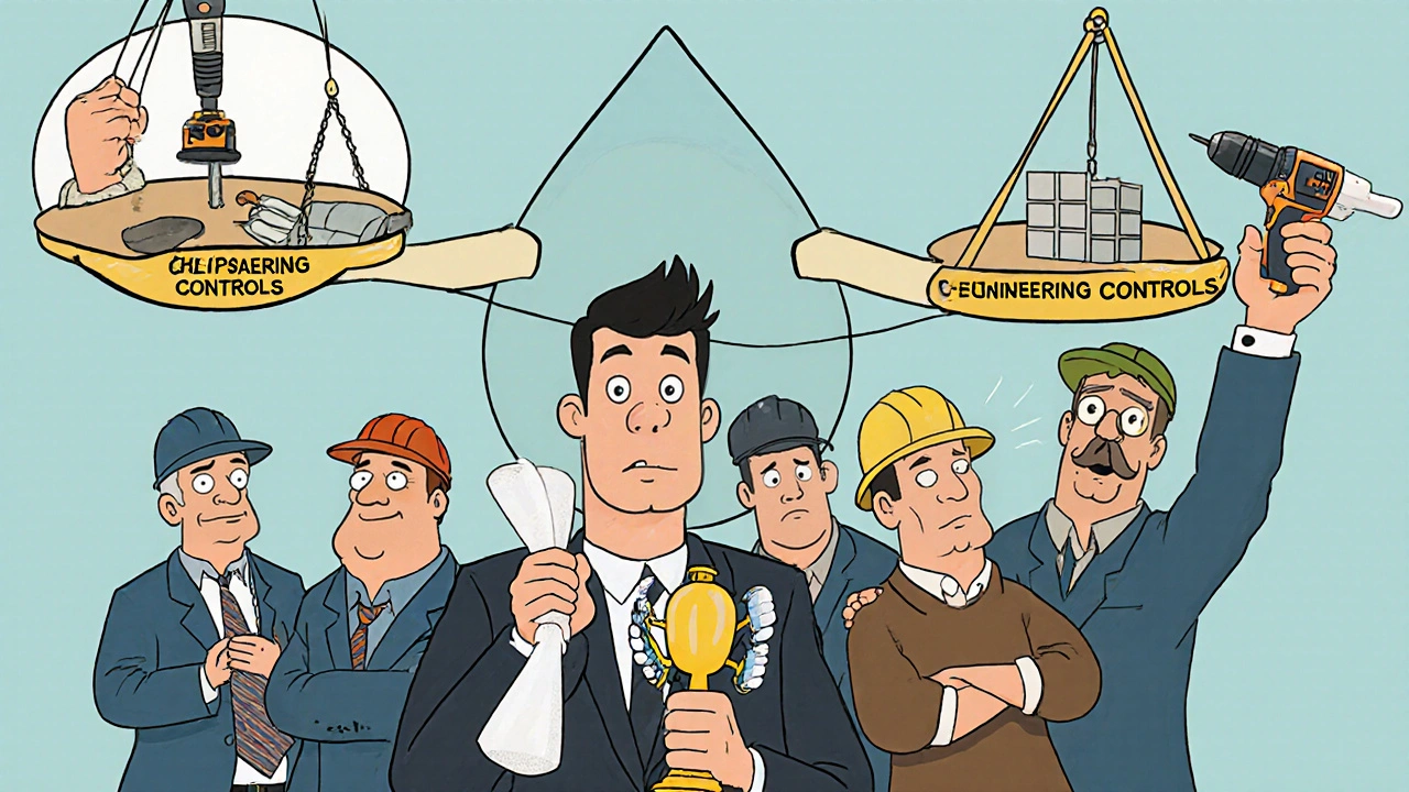 Manager holding foam earplug while workers struggle with poorly fitted hearing protection.