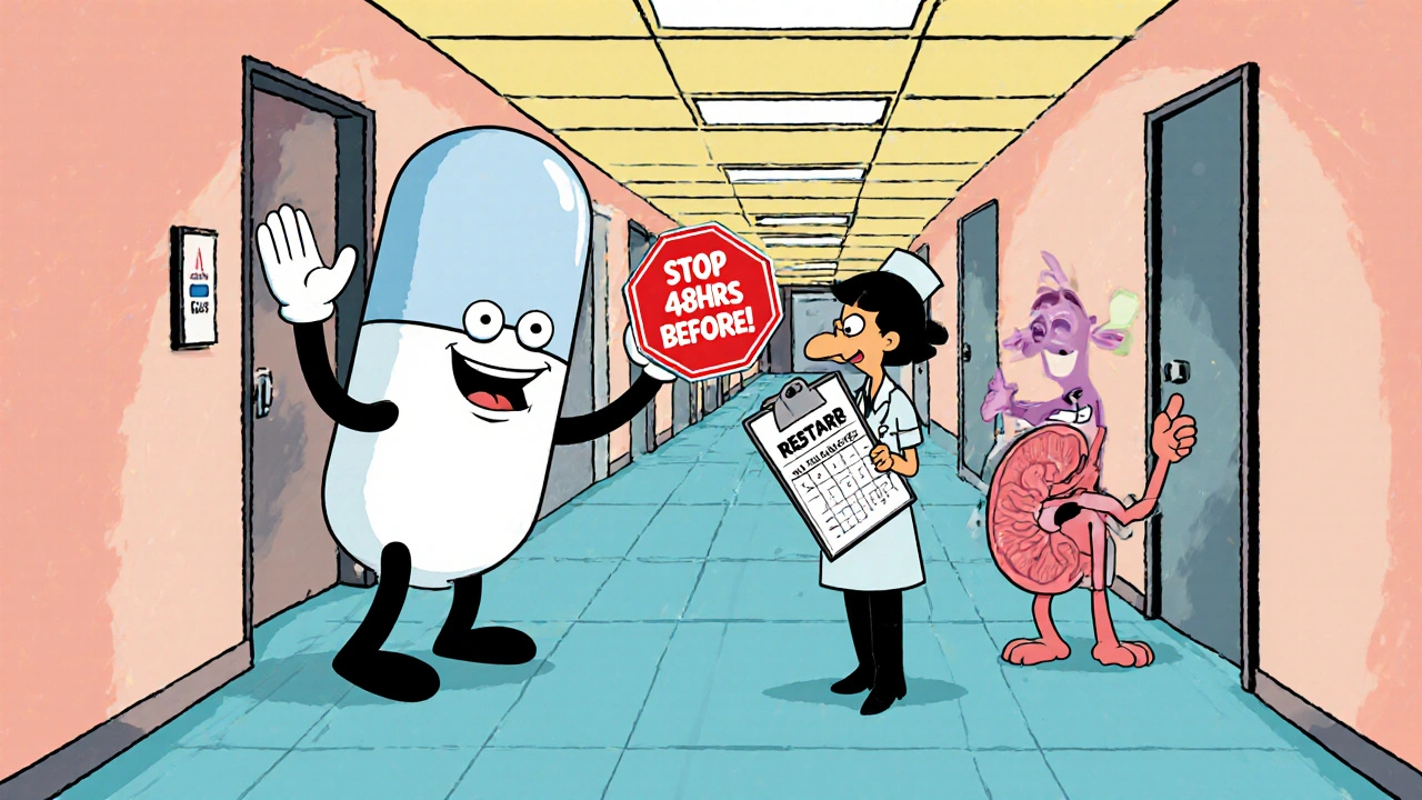 Patient about to get CT scan, giant metformin pill waving stop sign, nurse holding reminder clipboard.