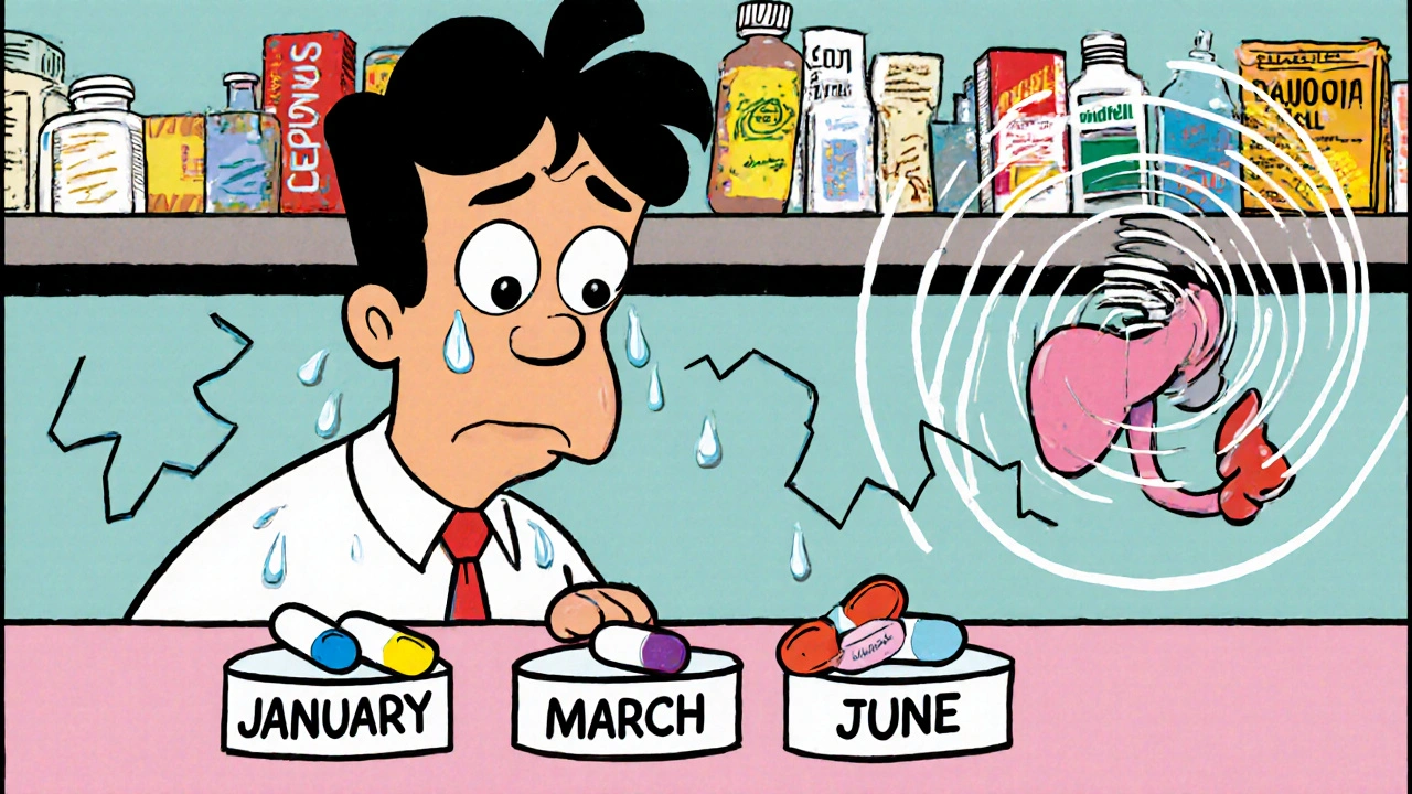 Patient confused by changing generic pills labeled by month, with a wobbly thyroid symbol in the background.