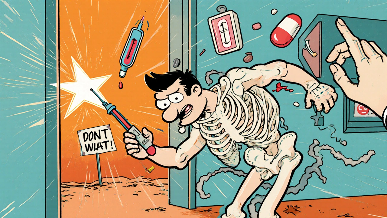 Patient rushes to ER as bone marrow appears empty, vital signs flashing.