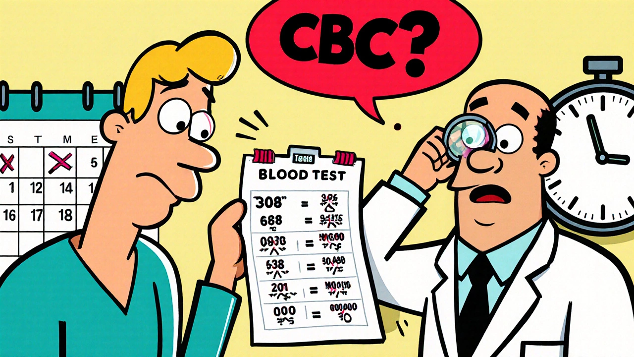 Patient shows blood test with dropping numbers to a confused doctor.