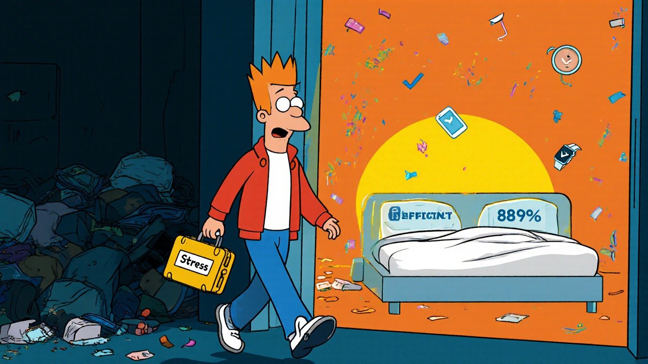 Person leaves a messy bedroom with stress suitcase, enters bright room with glowing sleep app, sun rising behind them.