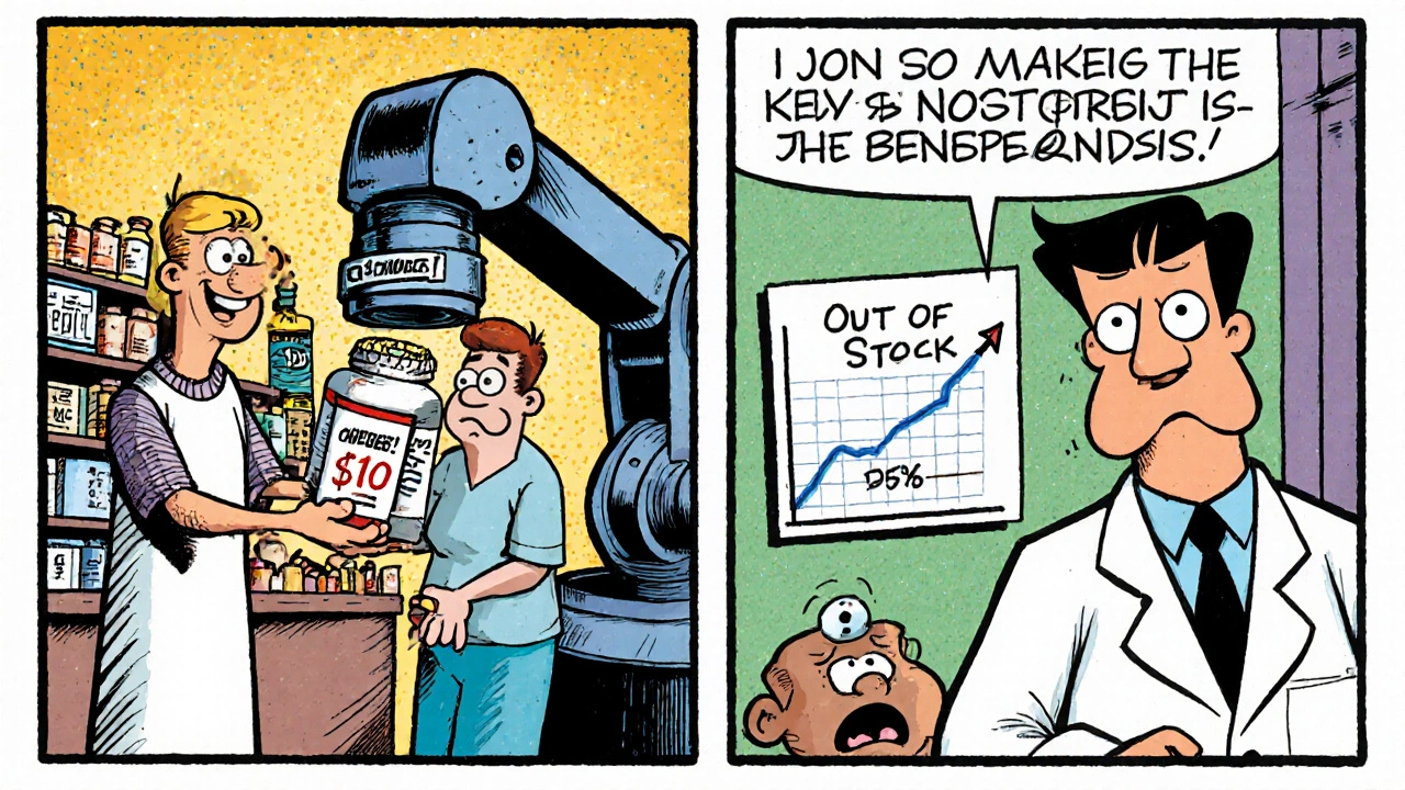 Pharmacist giving cheap pill to patient while mechanical arm lowers price, with manufacturer looking at shrinking profits.