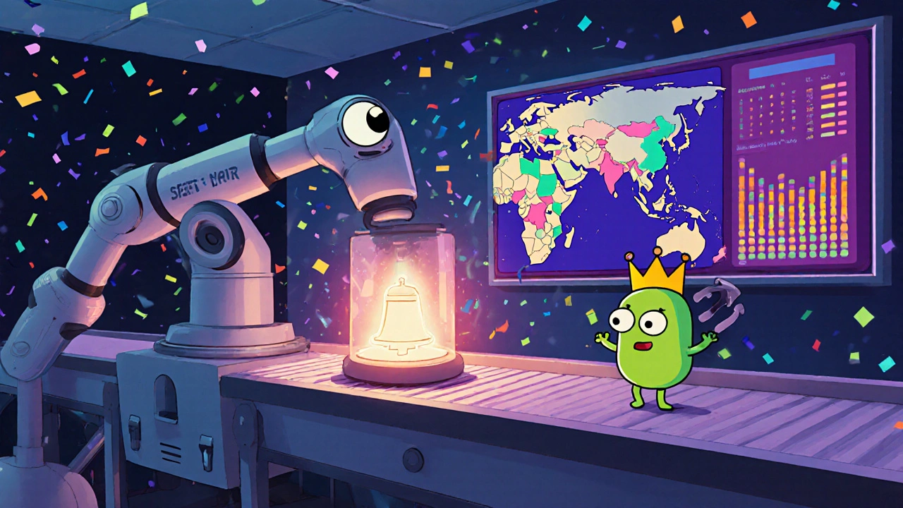 Robot tester and AI data screen in a whimsical lab, with a tiny Listeria bacterium trying to escape in Hanna-Barbera style