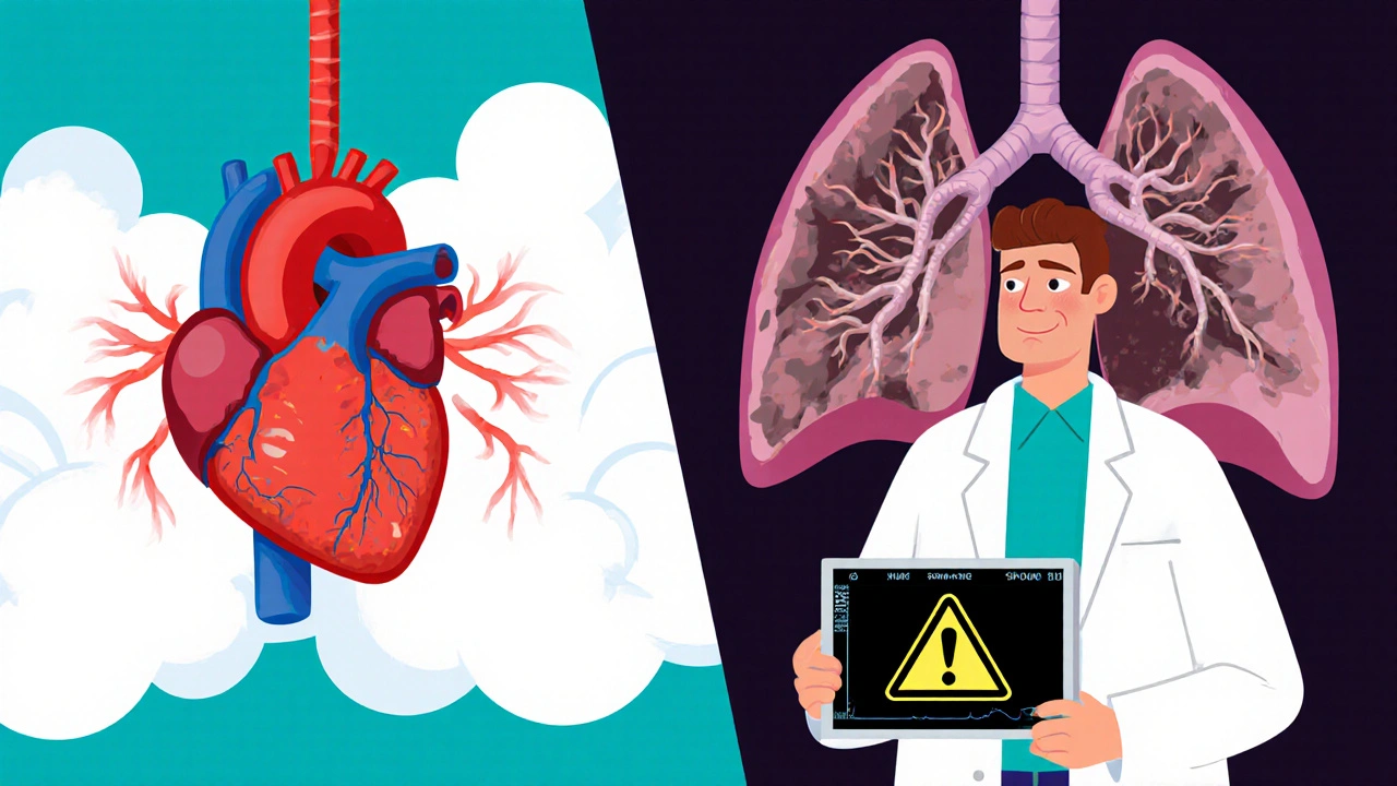 Split cartoon scene comparing healthy vs. diseased heart-lung connection