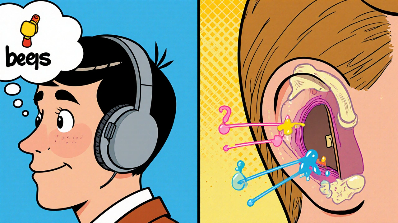Split scene showing air conduction with headphones and bone conduction with a device behind the ear, illustrating sound pathways.