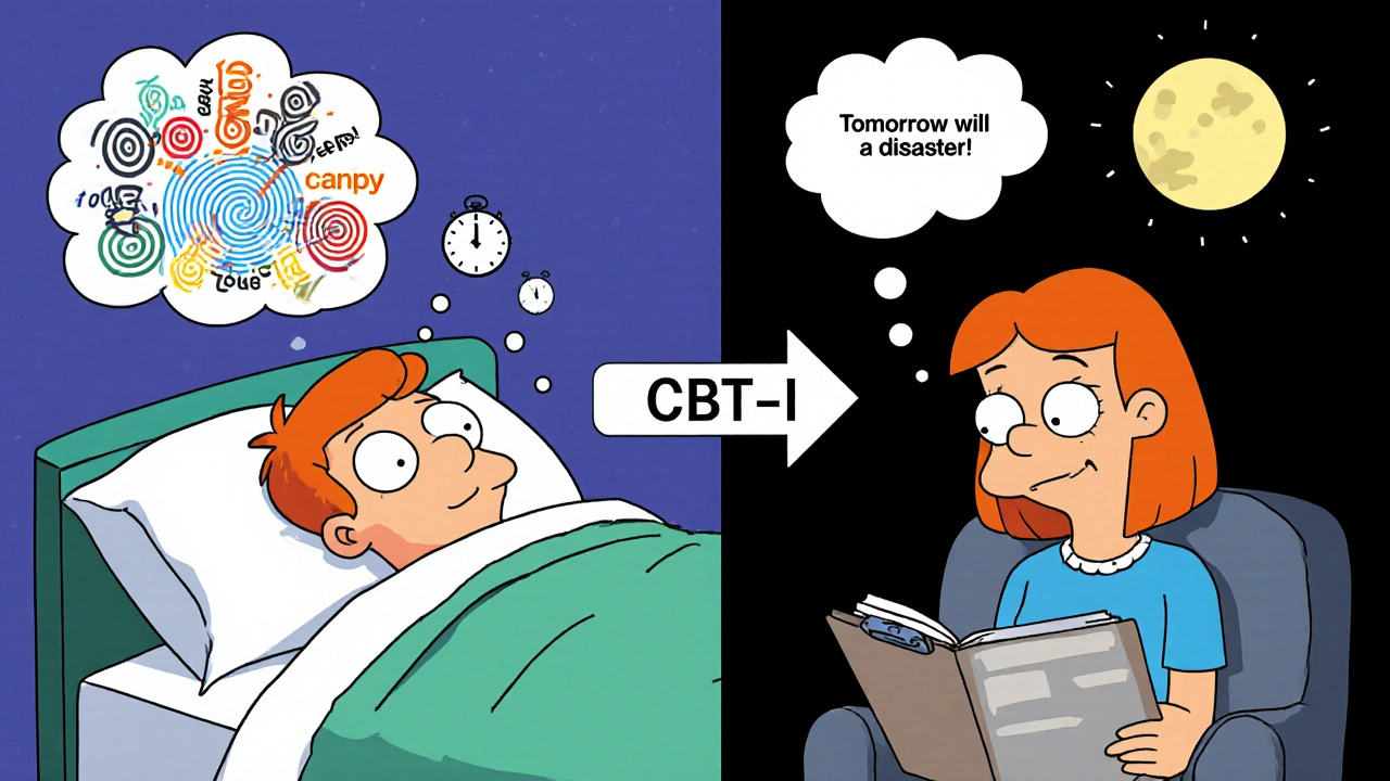 Split scene showing anxious thoughts vs. calm CBT-I practice, with a pillow-shaped clipboard guiding the change.