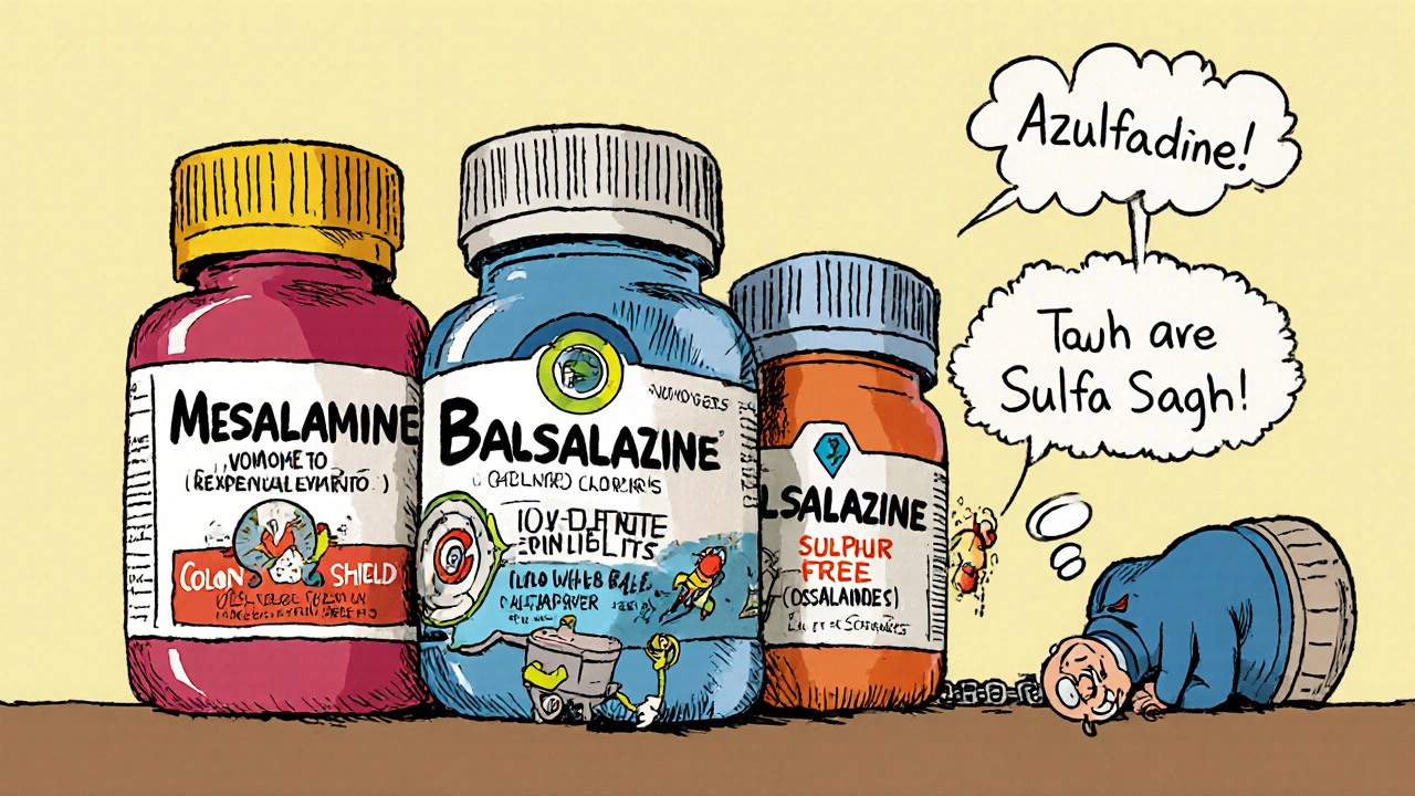 Three 5-ASA drug bottles depicted as cartoon superheroes on a doctor&#039;s desk, with Azulfidine slumped nearby.