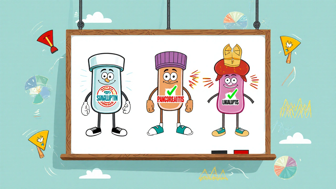 Three diabetes drugs as cartoon characters with risk meters, DPP-4 inhibitors flashing red alerts, others smiling with green checkmarks.