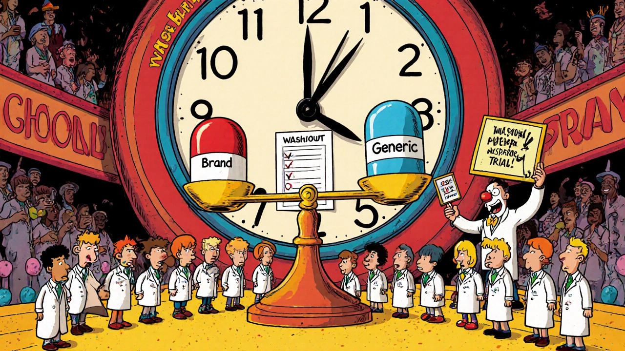 Twenty-four volunteers in lab coats taking turns swallowing giant pills in a circus trial setup.