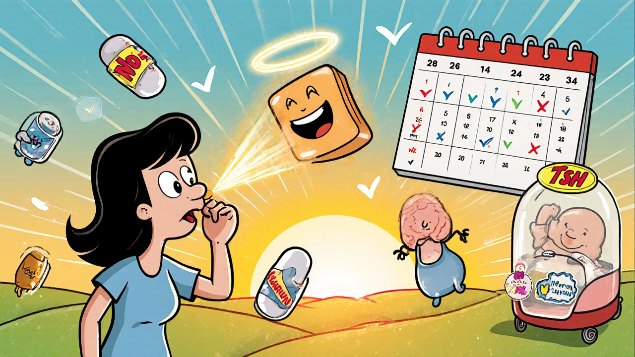 Woman takes thyroid pill at sunrise as calcium and iron pills bounce away, with test dates floating around her in cartoon style.