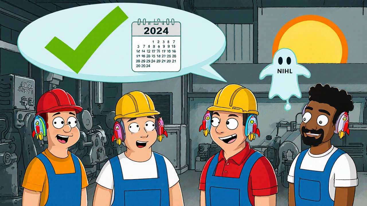 Workers with custom earplugs beside quiet machinery, noise fading as sound panels are installed.