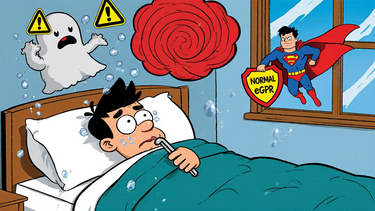 Worried patient with ghostly lactic acidosis cloud, metformin superhero flying in with kidney shield.