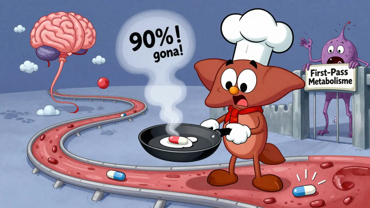 A chef-liver frying a pill with 90% smoke, in Hanna-Barbera cartoon style.