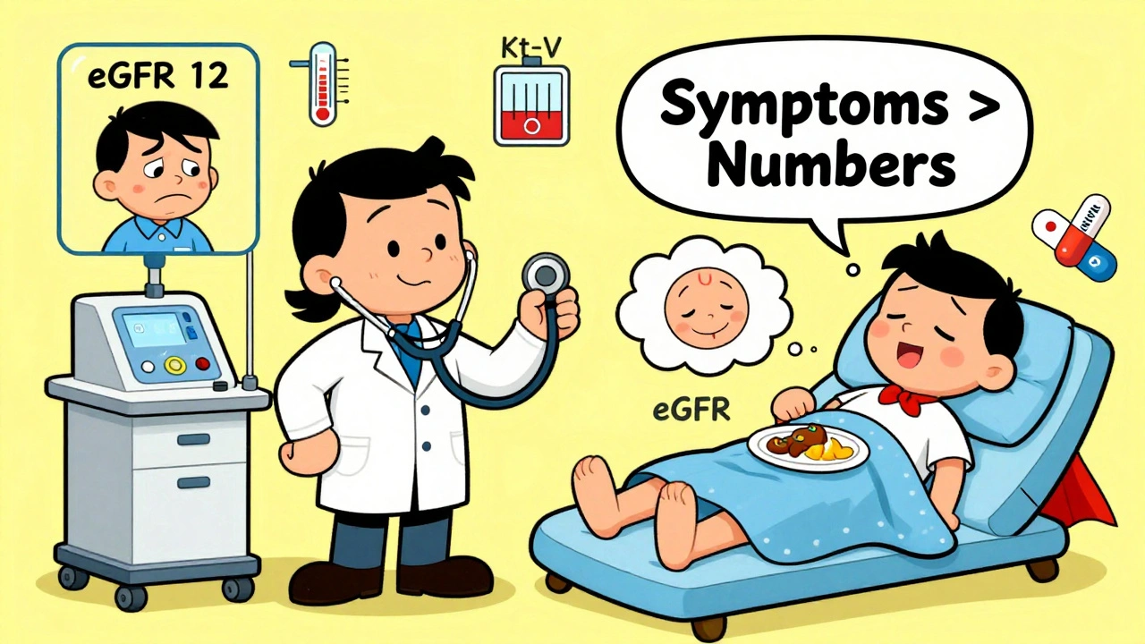 A doctor beside a dialysis machine with a patient dreaming of relief, contrasting symptom-based vs number-based care.