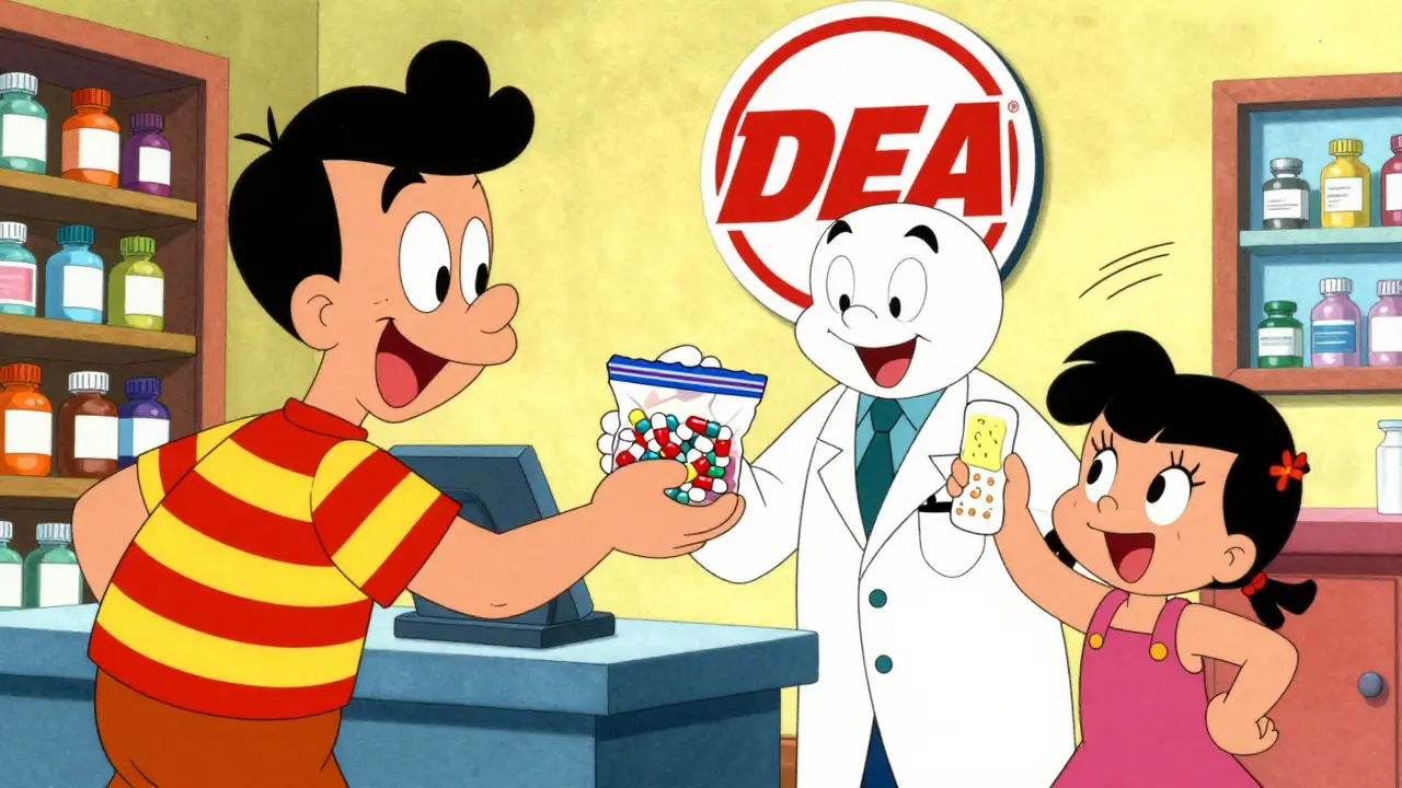 A family drops off sealed meds at a pharmacy take-back kiosk with a friendly technician.