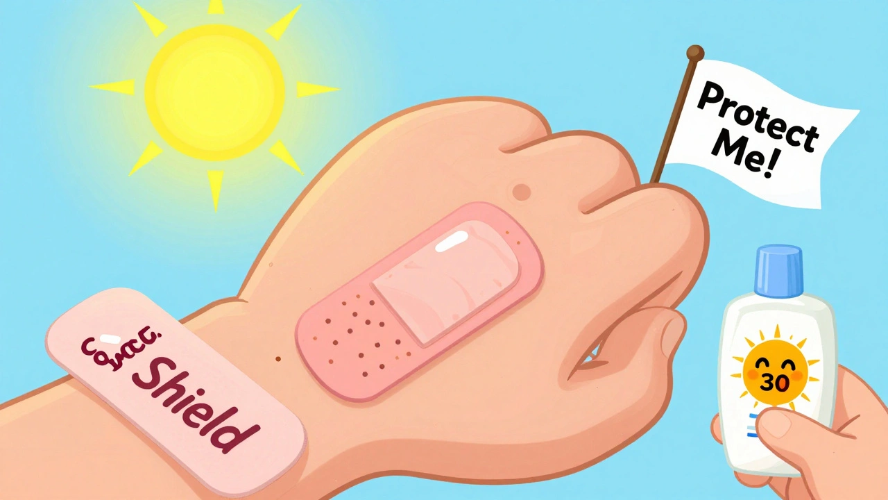 A healed scrape covered by a bandage with silicone gel and sunscreen nearby for scar prevention.