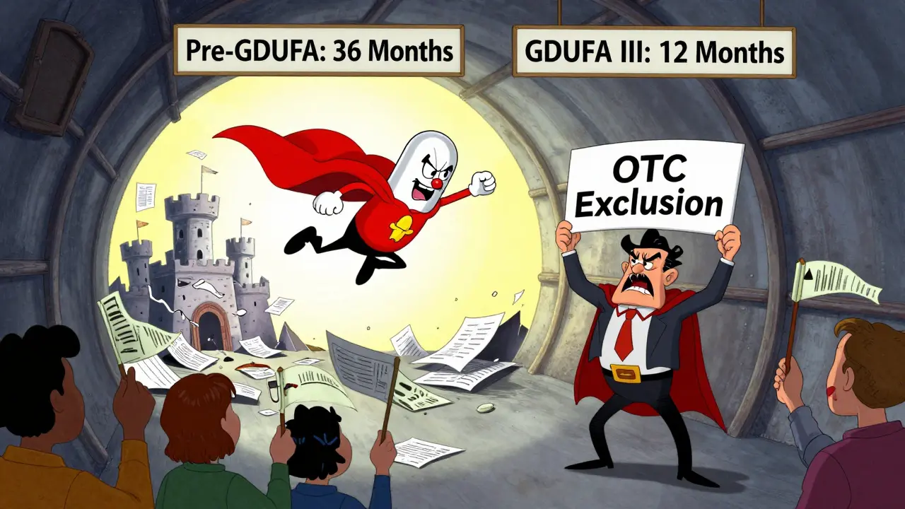 A heroic generic pill flies from slow approval tunnel to fast lane, leaving behind outdated paperwork and a confused villain.