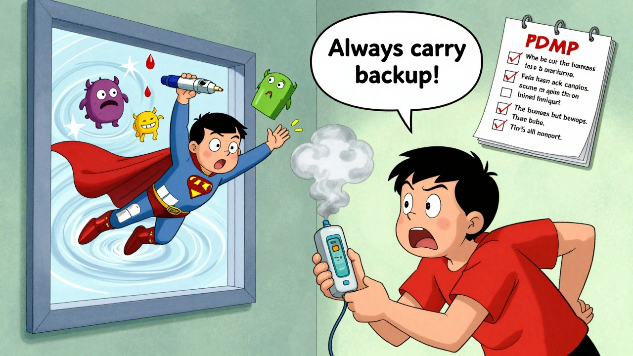 A person panicking as their pump malfunctions, rescued by a superhero insulin pen in a cartoon chaos scene.