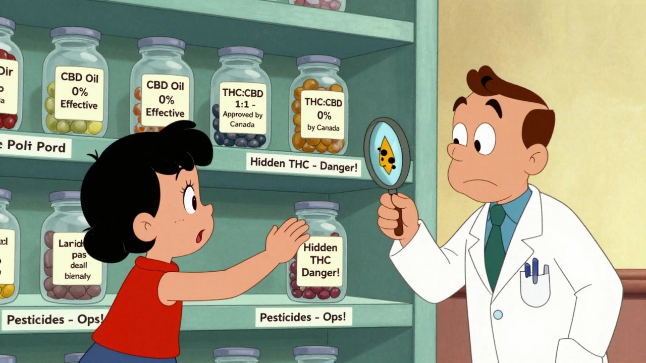 A pharmacy shelf with misleading cannabinoid labels and a doctor revealing hidden THC in a bottle.