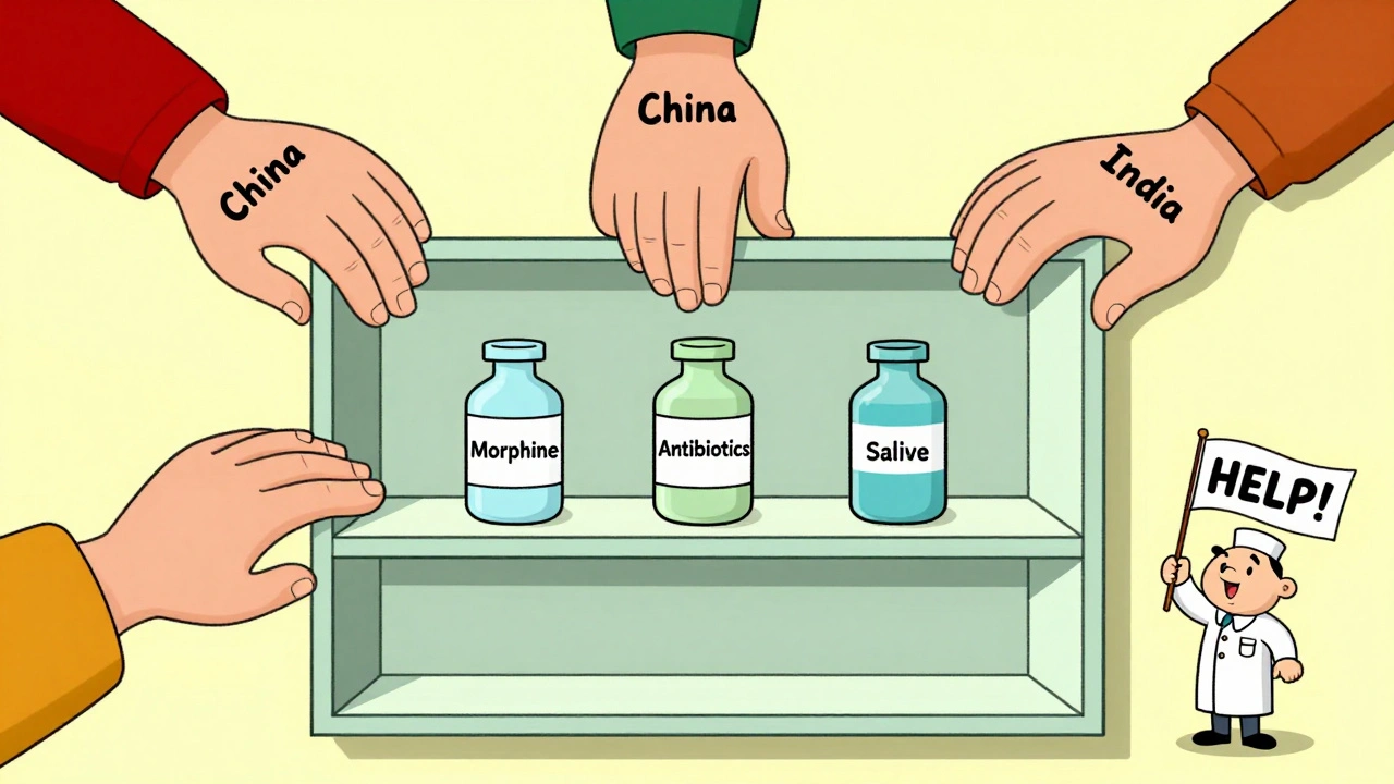 A pharmacy shelf with only three medicine bottles as giant hands pull them away in a cartoon style.