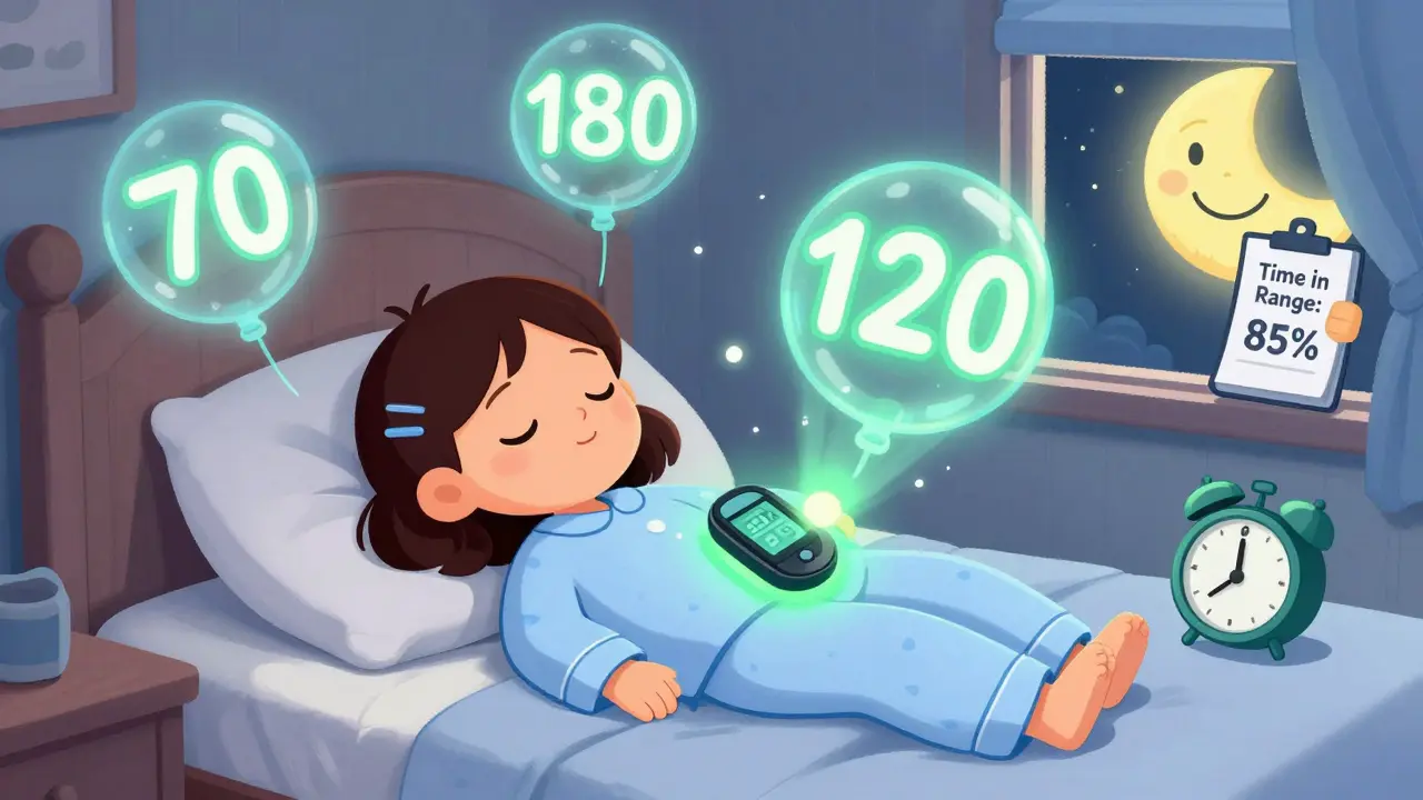 A sleeping girl with floating glucose numbers and a glowing sensor, peaceful moon watching over her in cartoon style.