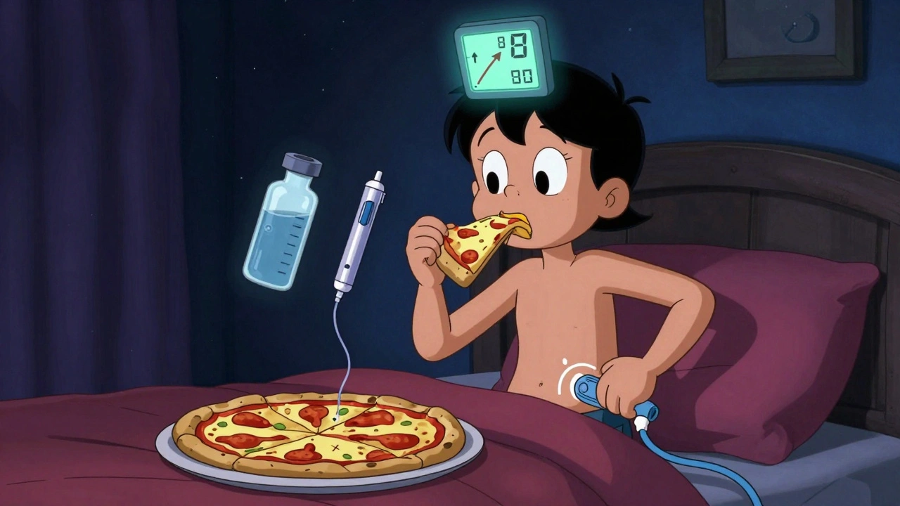 A teen eating pizza at night with a pump on their hip, cartoonish blood sugar arrows floating above them.