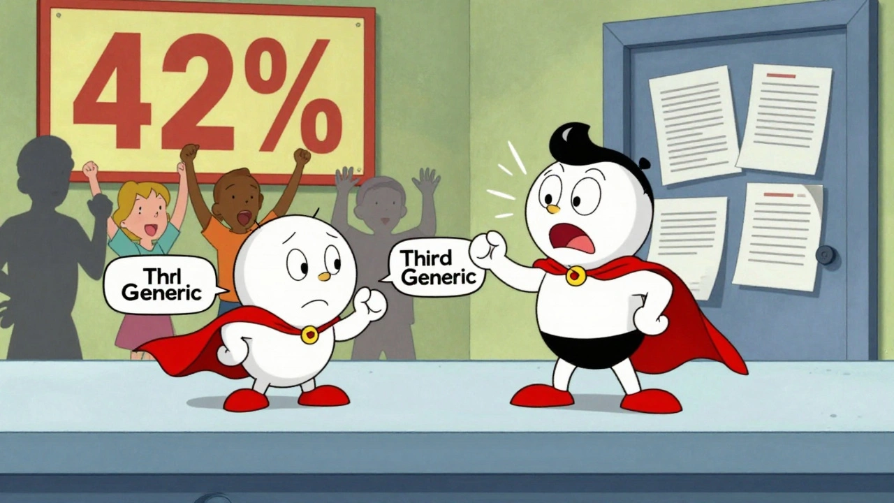 A third generic pill enters as a hero, making prices crash with happy patients.