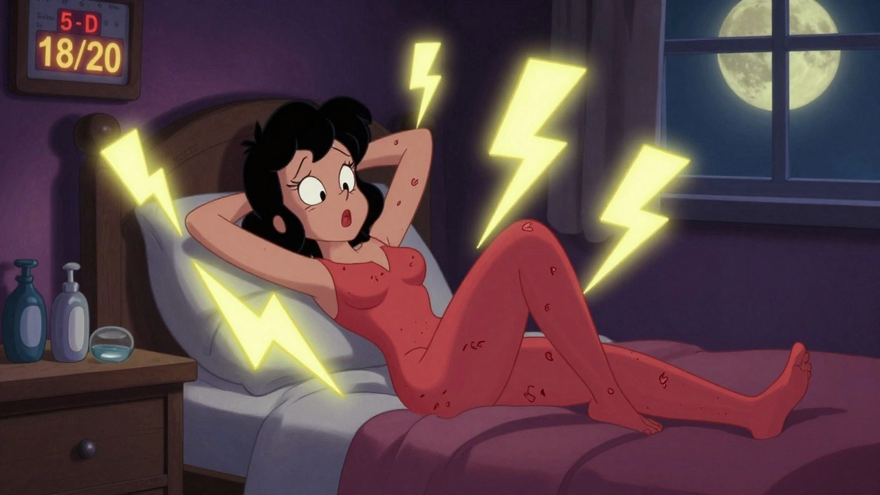 A woman scratching uncontrollably at night with glowing itch symbols and a high itch score chart.