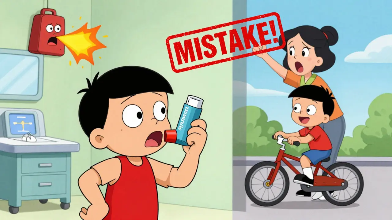 Boy mistakenly using a maintenance inhaler during an asthma attack, with ER and healthy child split-screen.