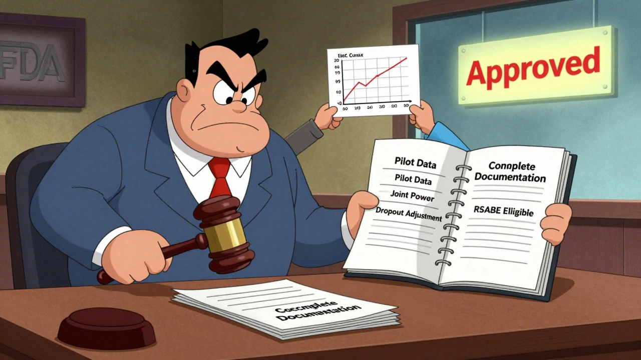 Cartoon courtroom scene with FDA rejecting incomplete docs while a sponsor presents proper documentation.